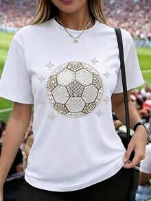 Camiseta de mujer de manga corta, estampado 2D de balón de fútbol con pedrería completa, diseño combinado de perlas y cristales brillantes en plateado, cuello redondo casual - Blanco - Ver 7