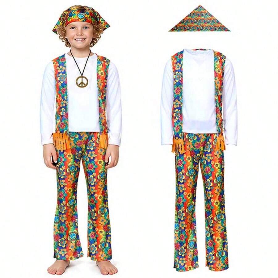儿童复古花卉迪斯科服装，70年代80年代嬉皮士面具摇滚歌手角色扮演派对表演服