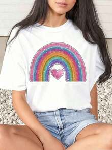 1 Piece Women's T-Shirt With Rainbow Heart Print, For Carnival Or Everyday Wear, Round Neck, Short Sleeve, Soft And Comfortable, 220g/180g, 100% Cotton - 白色 - 查看 6