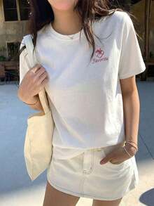 ropa de mujer  Camiseta de manga corta con cuello redondo estilo coreano, informal, con diseño gráfico lindo, para primavera/verano, camisas de mujer - Blanco - Ver 3
