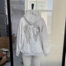 2026 Sequin Angel's Wings Hoodies Women Chic Loose Long Sleeve Pullovers Top Slim Yoga Pant Set New Casual Lady Two Piece Sets Tops  Hoodies Summer Clothes Western Outfits For Women Summer Outfits For Women Jackets Sweater Jackets For Women - Xám - Xem 3