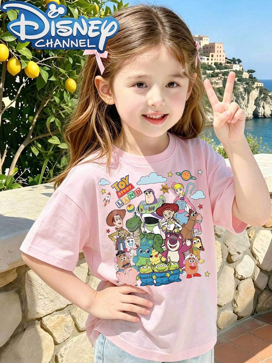DisneyCute Cartoon Style Men's T-Shirt Toy Story Characters Summer Outdoor Wear For Kids And Gift For Children - Hồng - Xem 1