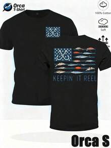 Soft Fabric T-Shirts For Men And Women With American Flag Print, Fishing Hook And Fish, With Round Neck And Short Sleeves, Casual Style, Ideal For Daily Wear, Holidays Or As A Gift, Outdoor Activity Themed Clothing. - 黑色 - 查看 5