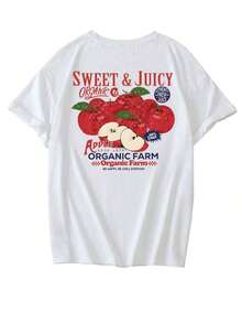 Camiseta de manga corta de cuello redondo casual con estampado minimalista de manzana y frutas, top de mujer de moda y versátil-Vintage Street Style Unisexoose Cotton Short Sleeve Crew Neck T-Shirt - Blanco - Ver 3