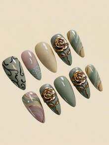 10pcs Gold Rose Decor Fake Nails, Y2K Style Almond Shape Nail Art Supplies - Mint Green - View 3