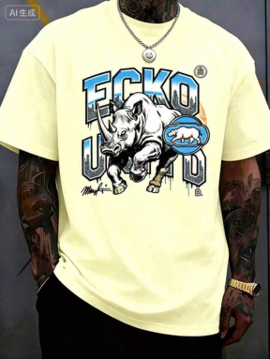 The Iconic ECKO Unltd Graphic Features A Bold Rhino Emblem With Urban Camouflage Lettering Symbolizing Strength Individuality Urban Culture 220g - 黃色2 - 查看 1