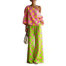 Women's Polka Dot Two-Piece Outfit, One Shoulder Top & High Waist Wide Leg Pants, Bold Color Block Set - Color - View 6