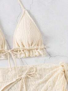 Conjunto de bikini de 3 piezas con tapa de falda, estilo de vacaciones en la playa, para mujer, con bikini halter sin espalda y encaje sexy - Beis - Ver 8