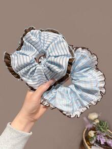 Bộ 3 chiếc/1 chiếc dây buộc tóc sọc xanh thanh lịch, dây buộc tóc cỡ lớn, kẹp tóc đuôi ngựa ren, phụ kiện tóc đa năng. - Nhiều màu - Xem 5