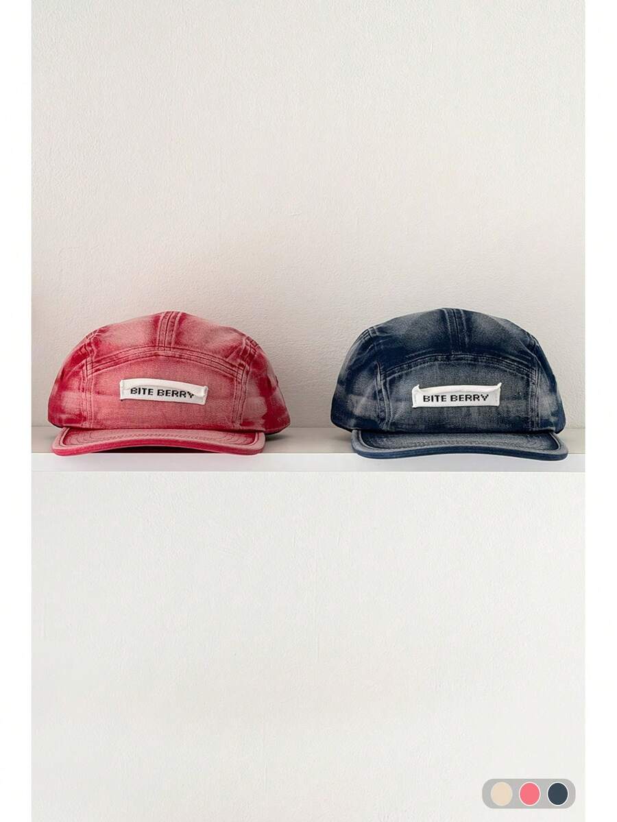 1pc Soft Crown New Tie-Dye Trim Flat Brim Baseball Cap, Unisex Fashion Versatile Street Sunshade Peaked Hat, Vintage Washed Distressed Short Brim Baseball Cap With Letter Patch - Multicolor - View 1