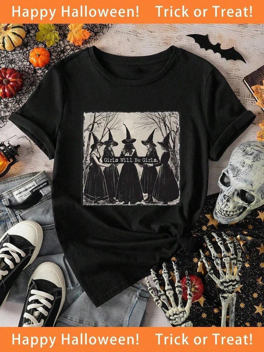 Women's Casual, Loose-Fitting, Crew Neck Short-Sleeve T-Shirt With Minimalist Witch Graphic Print, Suitable For Halloween Parties 2026 - 黑色 - 查看 1
