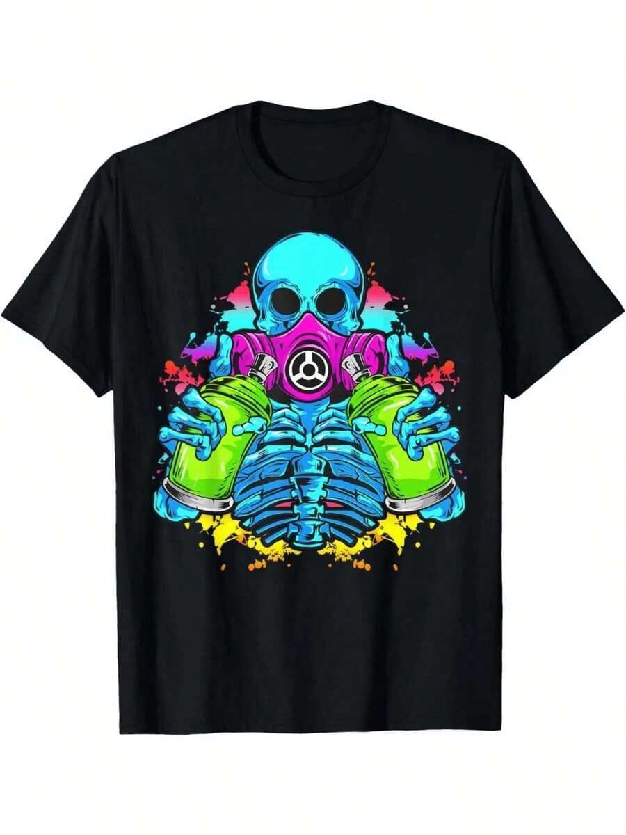 Camiseta de manga corta para hombre con estampado digital de calaveras y pintura en aerosol, 100% algodón, estilo casual, 1 pieza, 220g, ropa urbana atrevida, temática de artistas de grafiti. - Negro - Ver 1