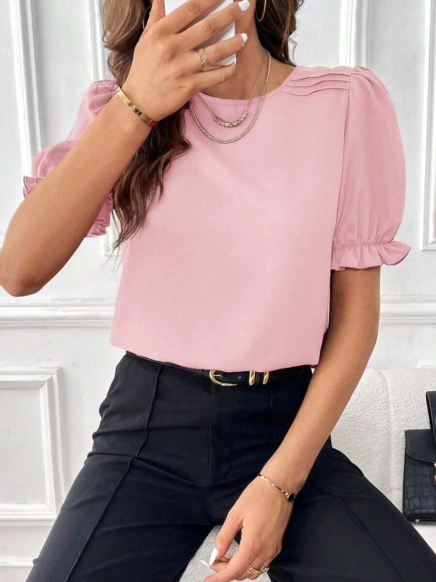 Blusa con mangas abullonadas, blusas de manga corta - Rosa - Ver 1