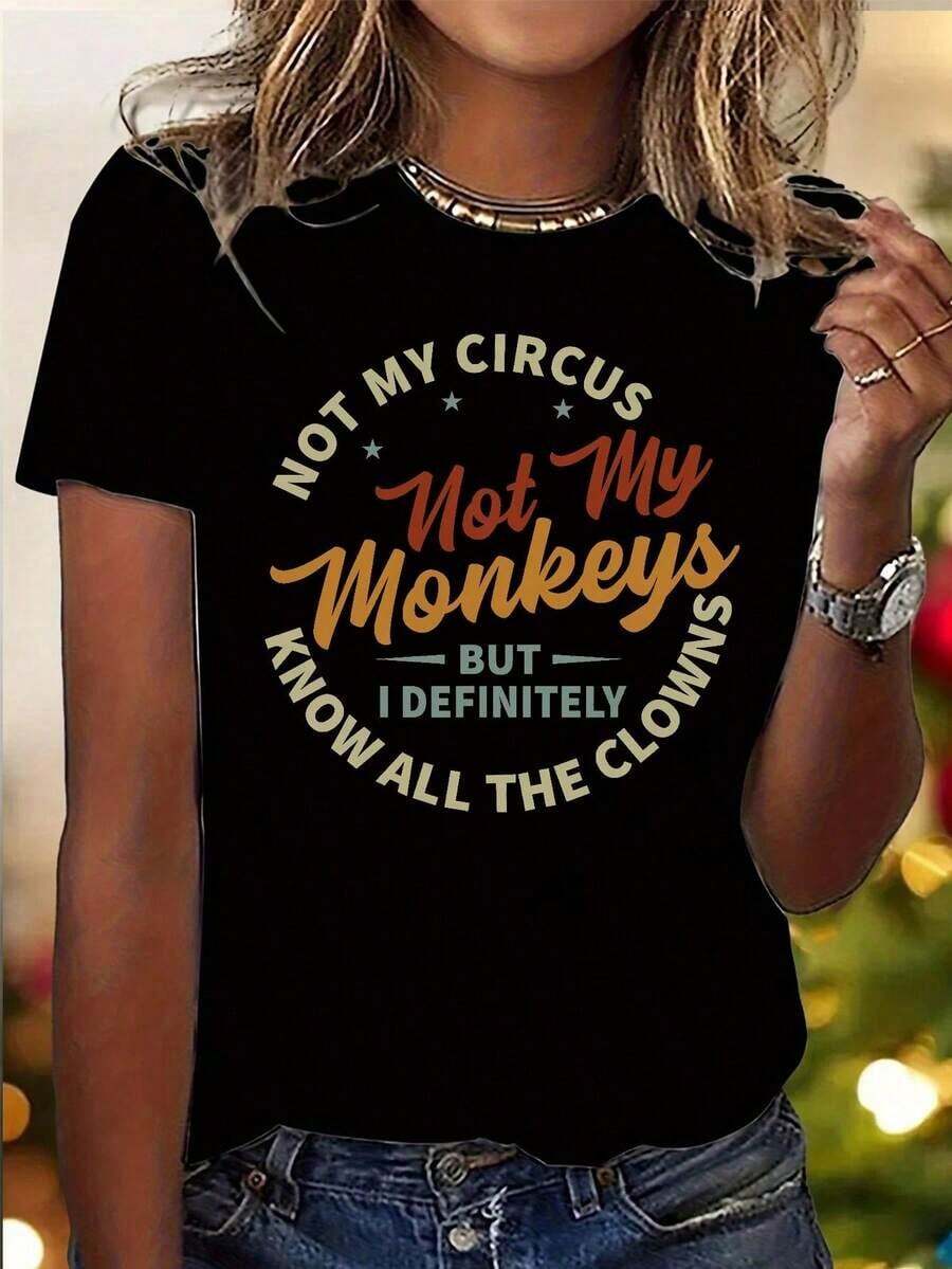 Women's Graphic Tee "It's Not My Circus, It's Not My Monkeys" - Soft, Light Beige, Casual And Sporty Crew Neck Short Sleeve, Versatile For All Seasons With Eye-Catching Orange Lettering - 黑色 - 查看 1