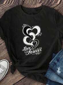 Women's T-Shirt With Heart Print And The Phrase "Always Love You" | Fashionable, Soft And Breathable, Medium Elasticity, Machine Washable, Round Neck, Short Sleeve, New Style 2026, Ideal For Spring/Autumn. - 黑色 - 查看 2