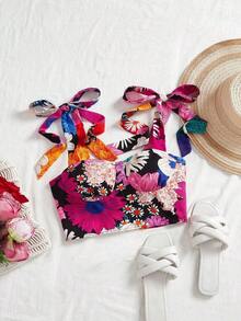 Parte superior de tirantes ajustada y corta con estampado floral colorido y lazo, ropa urbana para mujer, casual de vacaciones, blusas de verano, verano para mujer, Día de la Madre - Rosa Fucsia - Ver 2