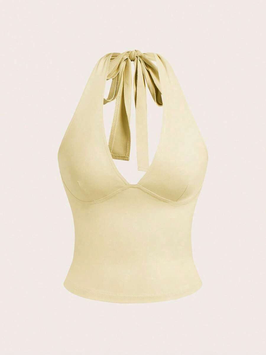 Top de tirantes de cuello halter sin espalda con cuello en V de color liso, uso casual diario - Amarillo claro - Ver 1