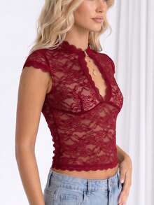 Chaqueta de cuello V con llavero para mujeres camisetas de encaje delgadas de moda de manga corta en verano - Rojo - Ver 2