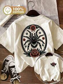 This Is A Spider Short Sleeved T-Shirt With A Traditional American Tattoo Style, Taking The Retro Dark Cool Route,Casual Women's T-Shirt,100% Cotton T-Shirt, Slight Elasticity, Round Neck,Lightweight, Breathable, Comfortable, Perfect Suitable For Daily And Outdoor Wear, Local Deliveryplayeras De Mujer - 黑色 - 查看 1
