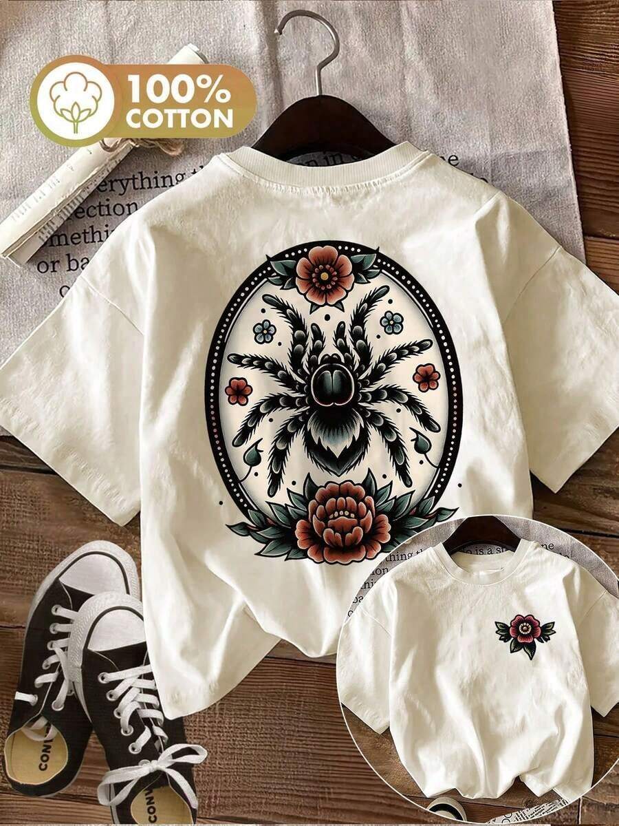 This Is A Spider Short Sleeved T-Shirt With A Traditional American Tattoo Style, Taking The Retro Dark Cool Route,Casual Women's T-Shirt,100% Cotton T-Shirt, Slight Elasticity, Round Neck,Lightweight, Breathable, Comfortable, Perfect Suitable For Daily And Outdoor Wear, Local Deliveryplayeras De Mujer - 黑色 - 查看 1