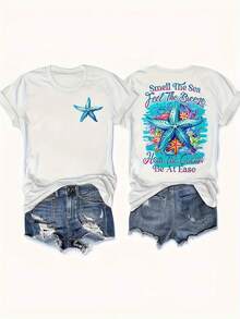 Women's Casual Pure Cotton Short Sleeve T-Shirt - Star And Letter Print Design On The Front And Back, Lightweight Crew Neck Top For Summer, Machine Washable, Spring And Summer Fashion Essential, Loose And Comfortable T-Shirt With A Beachy Feel. YKIY - 白色 - 查看 3