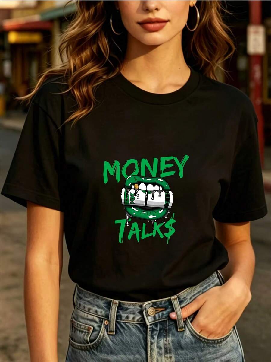 Diseñada para mujeres modernas, elegantes y cómodas, esta camiseta de moda para uso diario con el tema "Money Talks" está confeccionada con tela ultra suave de 180g, ideal para momentos de diversión en familia, un regalo perfecto para el Día del Trabajo, diseño de patrón retro, una opción ideal para actividades de team building en la empresa, una camiseta unisex a la moda para la temporada de fiestas, elaborada con tela suave y transpirable de primera calidad, diseñada para ofrecer comodidad durante todo el día y uso diario versátil, perfecta para salidas informales. - Negro - Ver 1