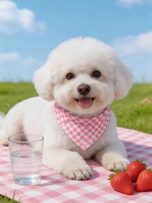 粉色聚酯纖維格紋寵物圍巾，口水圍兜，Happy Little Dog，適合小型至中型貓狗（比熊、泰迪），室內或室外全年使用，不適合大型犬種 - 粉色 - 查看 2