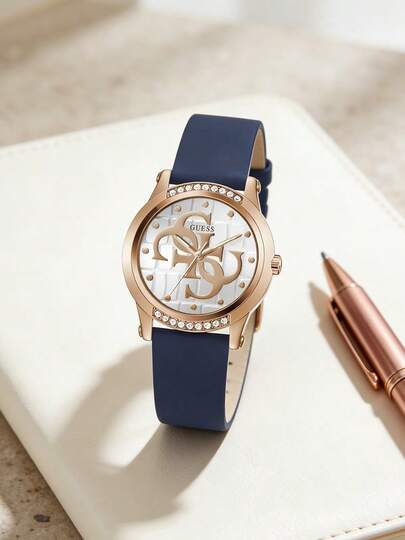 Guess Women's Rose Gold Tone Watch Logo Dial Crystal Accented Navy Blue Silicone Strap Casual Fashion Wristwatch Statement Timepiece For Coffee Run Casual Meetup Ideal Gift For Best Friend Sister Birthday