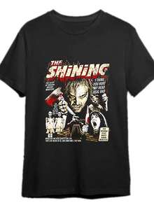 Unisex Bright T-Shirt With Horror Movie Graphics, Retro Comic Art Print, Spring Summer, Loose Fit, Casual, Short Sleeve, Breathable Fabric, Classic Movie Elements, Pop Culture Clothing, Vintage Design - 黑色 - 查看 7