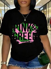 1 Piece Graphic2026 Women's Round Neck T-Shirt J15 AKA 1908 - Black With Empowerment Slogans In Pink And Green, Breathable, Short Sleeve, Summer, Machine Washable, Festive Clothing, Comfortable Fit, Loose And Comfortable, Vintage Casual T-Shirt. - 黑色 - 查看 10