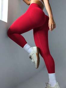 sin costuras de cintura alta de unicolor para uso diario, fitness y yoga para mujeres - Rojo - Ver 1