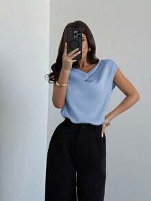 Blusa de satén de unicolor con cuello arrugado asimétrico sin mangas, elegante para mujeres, adecuada para el trabajo, el viaje diario, las citas y las bodas, primavera/verano - Celeste - Ver 6