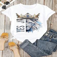 Lion King Crown Graphic T-Shirt, 100% Cotton Oversized Soft Breathable Casual Crewneck Short Sleeve Top, Edgy Streetwear Style Tee for Women & Animal Lovers - Blanco - Ver 6