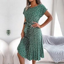 Vestido largo plisado de manga corta para mujer, de cintura alta vestido elegante, moda Floral, línea A, primavera y verano - Amarillo - Ver 9