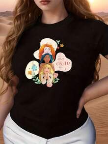 Colorful Illustration Of Two Girls Embracing Amidst Flowers And Leaves, Symbolizing Friendship, Love, Unity, And Graduation Celebration 2024. Comfortable And Soft Women's T-Shirt For A Special Gift. - 黑色 - 查看 6