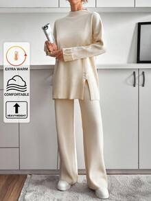 Women Solid Color Minimalist Casual Long Sleeve & Long Pants Zippered Knit Set - Beige - View 1