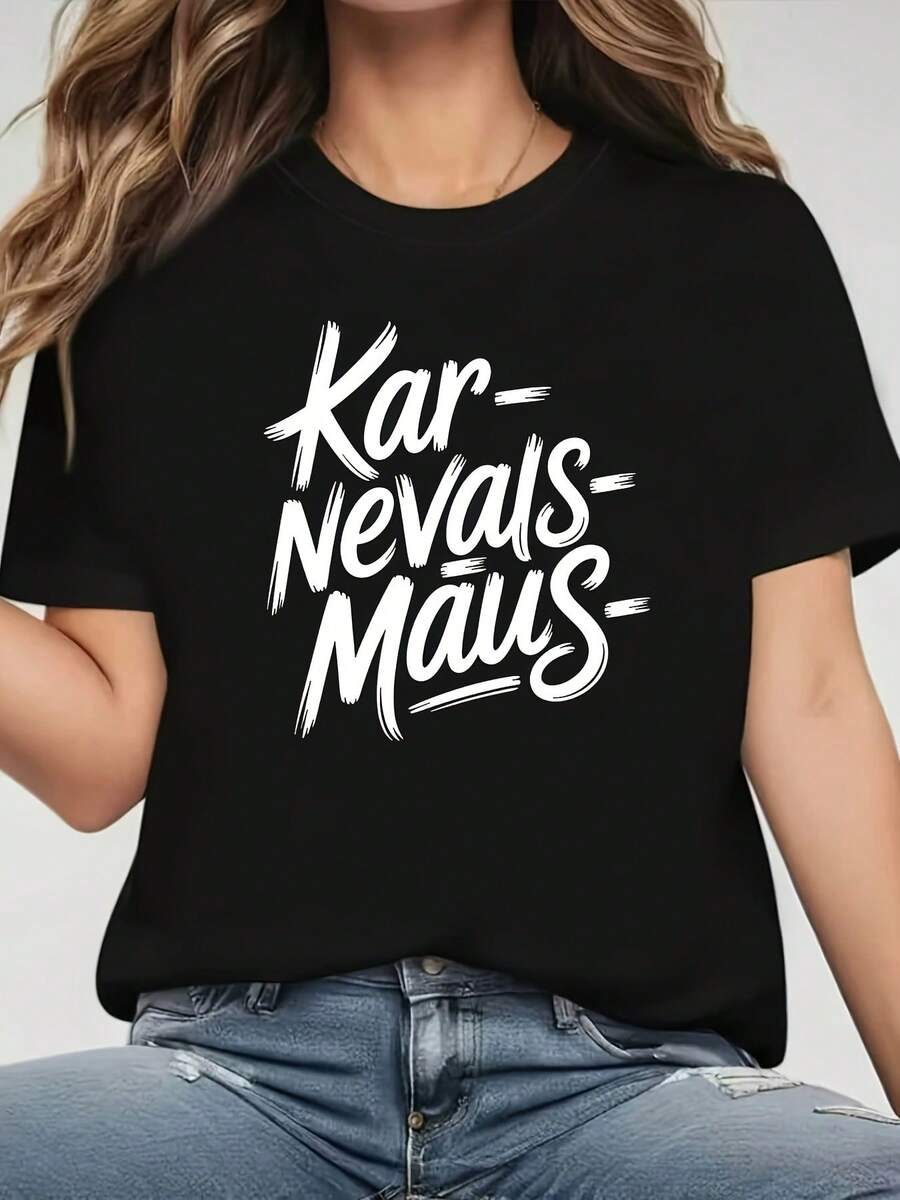 Women's T-Shirt, Carnival Mouse Letter Print, Black Short Sleeve Crew Neck T-Shirt For Ladies - Machine Washable, Suitable For Christmas Parties, Casual Outings, Meetings With Friends, Festive Outfit, Christmas Gift. - 黑色 - 查看 1