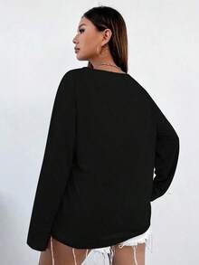 Women's Simple Basic T-Shirt With Deep V-Neck, Off-Shoulder, Long Sleeve, Autumn Sweater - 黑色 - 查看 2