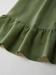 Vestido elegante de media longitud con cuello en V con volantes y ajustado para vacaciones para mujer de talla estándar - Verde Oscuro - Ver 4