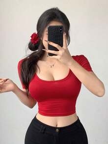 Camiseta informal de manga corta de mujer de ajuste ceñido de unicolor con cuello redondo, tops cortos de mujer - Rojo - Ver 5