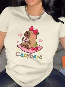 Women's Basic T-Shirt, Round Neck, Short Sleeve, Graphic Print, CAPYBARA BOW HEARTS, Graphic Casual Cotton, Comfortable, Modern Style, Soft Texture, Fortiz - 白色的 - 查看 7