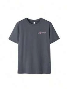 Camiseta de mujer de manga corta con cuello redondo y estampado de letras, casual, versátil, esencial para vacaciones y uso diario, fácil de lucir el estilo callejero rosa de verano - Gris Oscuro - Ver 4