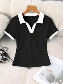 Blusa casual de mujer con cuello polo a rayas y manga corta - Negro 2 - Ver 5