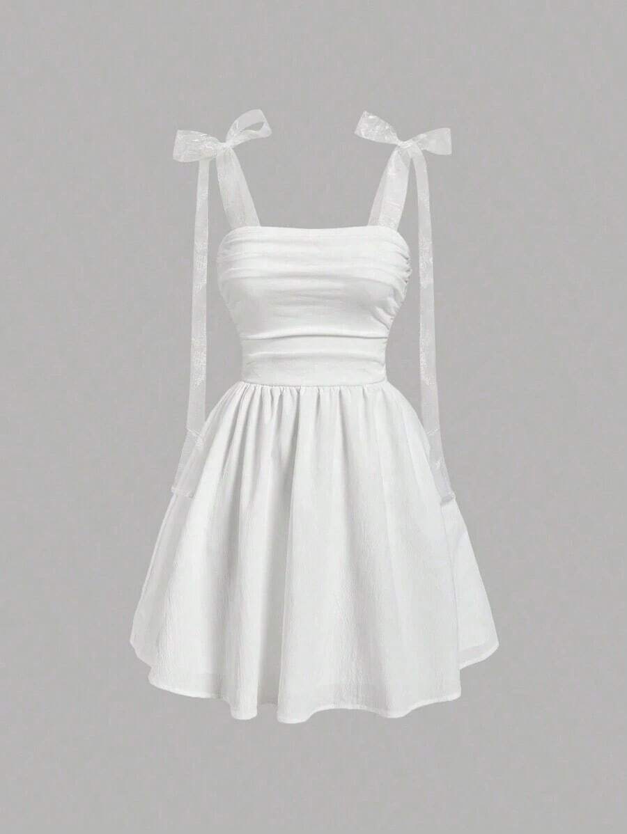 Vestido corto de mujer con estampado de teñido anudado, hombros fruncidos y diseño de nudo a la moda - Blanco - Ver 1