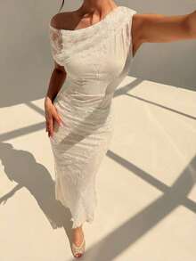 Vestido elegante y romántico para citas, fiestas, bodas y eventos, vestido de sirena con hombro asimétrico de encaje blanco, adecuado para té de la tarde, fiestas al aire libre, vestido formal, graduación, fiesta, baile de graduación, vestido de cumpleaños - Blanco - Ver 3