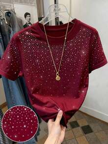 Camiseta de mujer de manga corta y cuello redondo con bordado de lentejuelas en forma de lazo, 56% algodón, estilo minimalista de moda, regalo para amigos - Burdeos - Ver 1