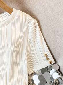 Elegante camiseta de punto de cuello redondo, top de punto minimalista de moda, primavera/verano - Blanco 3 - Ver 5