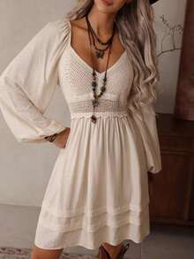 Vestido bohemio de estilo mini con cuello en V, hueco, de ganchillo, parches, manga larga, cintura elástica y bajo suelto, en color albaricoque, para mujer, para otoño/invierno - Albaricoque - Ver 6