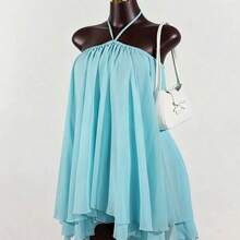 SaltGleam Women's Chiffon Layered Ruffle Sleeveless Mini Dress - Azul - Ver 4