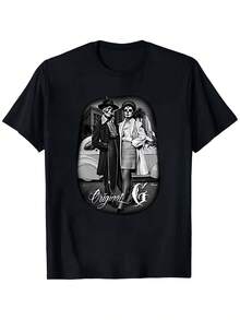 Camiseta Casual para Hombre, 100% Algodón, 220G, Estampado Digital Retro de Pareja del Día de los Muertos - Negro - Ver 1